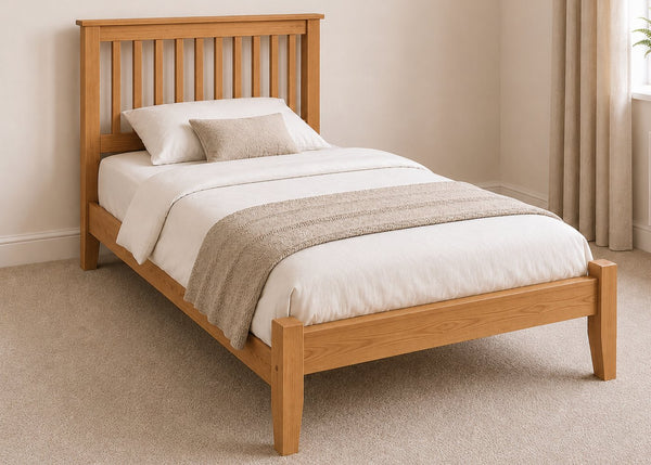 Copenhagen Single Size Wooden Bed Frame with Low End Footboard | Oak Finish | Shaker Style Design
