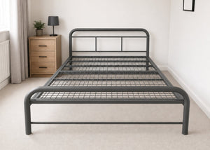 Cromer double grey powder-coated steel bed frame with a reinforced mesh base.