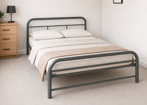 Grey powder-coated Cromer double metal bed frame with thick steel and reinforced mesh base.