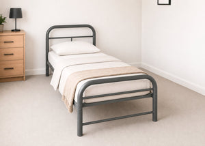 Grey Cromer single metal bed frame with reinforced mesh base and thick steel.