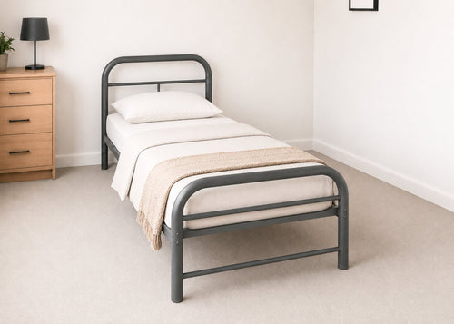 Grey Cromer single metal bed frame with reinforced mesh base and thick steel.