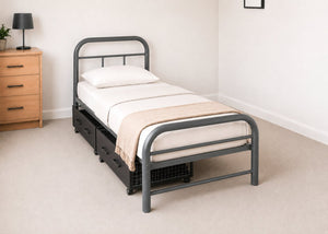 Cromer Single Metal Bed in Grey with Underbed Drawers