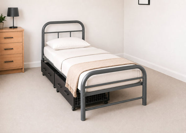 Cromer Single Metal Bed in Grey with Underbed Drawers
