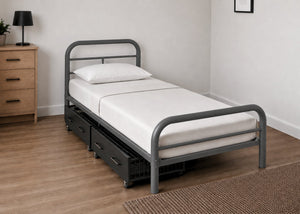 Grey Cromer single metal bed frame with reinforced mesh base, thick steel, and 2 Metal Storage Drawers.