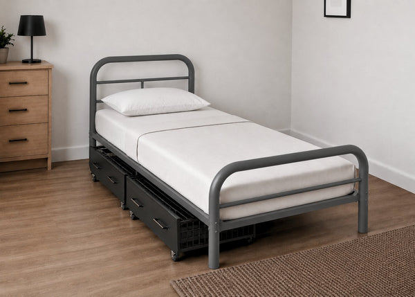 Grey Cromer single metal bed frame with reinforced mesh base, thick steel, and 2 Metal Storage Drawers.