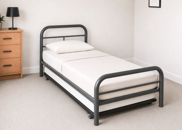 Grey Cromer single metal bed frame with reinforced mesh base, thick steel, and Walton Trundle with Mattress.