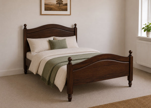 Dusseldorf solid pine bed frame with curved headboard and footboard, in chocolate stain.