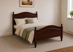 Dusseldorf solid pine bed frame with curved headboard and footboard, in mahogany stain.