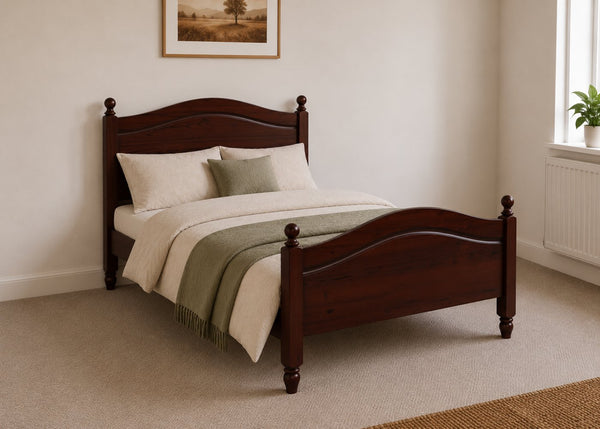 Dusseldorf solid pine bed frame with curved headboard and footboard, in mahogany stain.