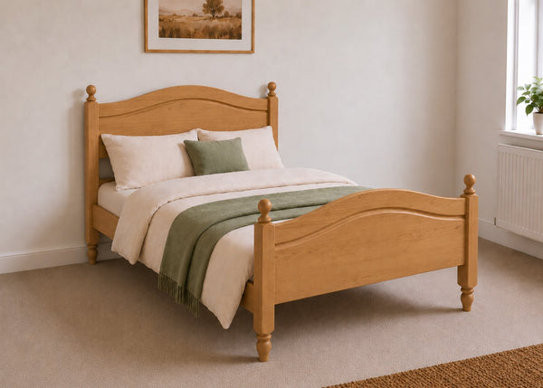 Dusseldorf solid pine bed frame with curved headboard and footboard, in oak stain.