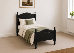 Dusseldorf solid pine bed frame with curved headboard and footboard, in black stain single size.