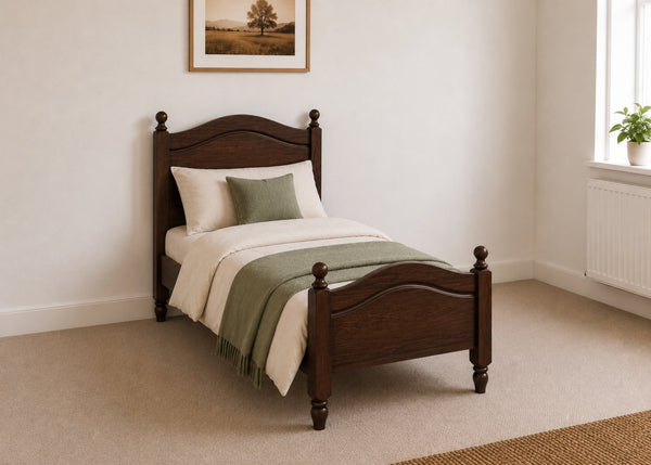 Dusseldorf solid pine bed frame with curved headboard and footboard, in chocolate stain single size.