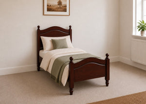 Dusseldorf solid pine bed frame with curved headboard and footboard, in mahogany stain single size.