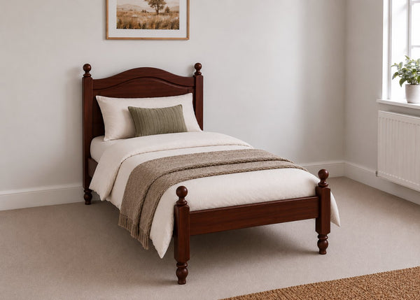 Dusseldorf Pine Bed frame with a natural finish, curved headboard, turned posts, and solid wooden slats in mahogany stain and single size.