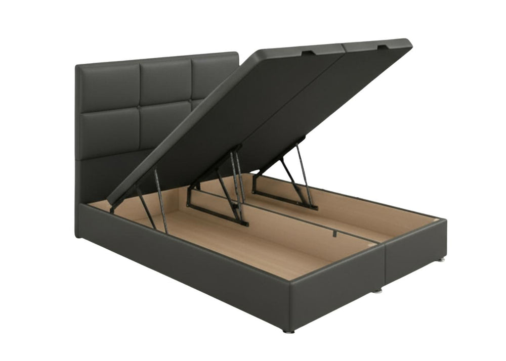 King Maximo Faux Leather Grey Electric Ottoman Bed with Daisy Headboard, open to show storage.