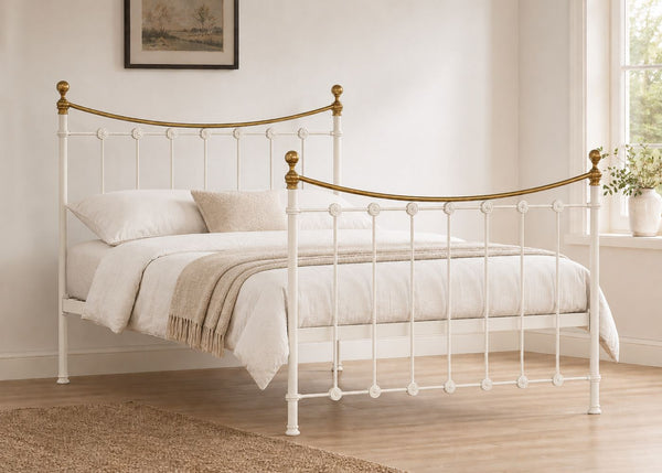 Emily White Metal Bed with Brass Finials and Swooping Bar