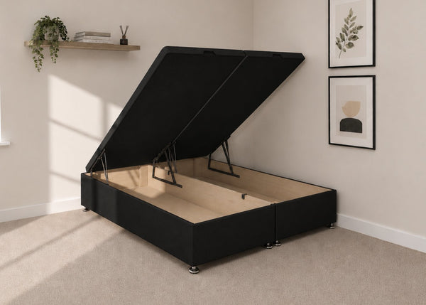 Black fabric end lift ottoman bed with open storage base and reinforced gas pistons.