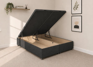 Charcoal grey fabric end lift ottoman bed with open storage base and reinforced gas pistons.