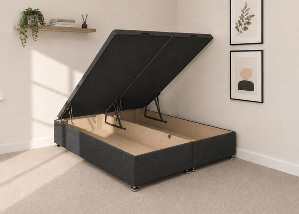 Charcoal grey fabric end lift ottoman bed with open storage base and reinforced gas pistons.