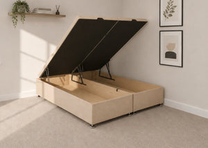 Sand fabric end lift ottoman bed with open storage base and reinforced gas pistons.