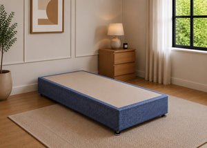 Single reinforced nautilus upholstered divan base with non-slip top and silver feet.