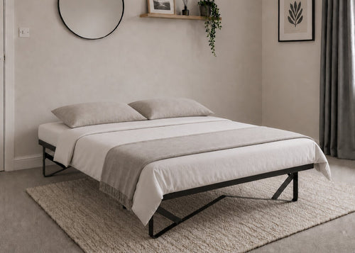 Black double foldable skid metal bed frame with reinforced mesh base and thick steel.