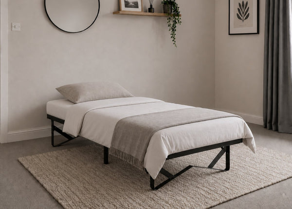 Black foldable skid metal bed frame with reinforced mesh base and thick steel.
