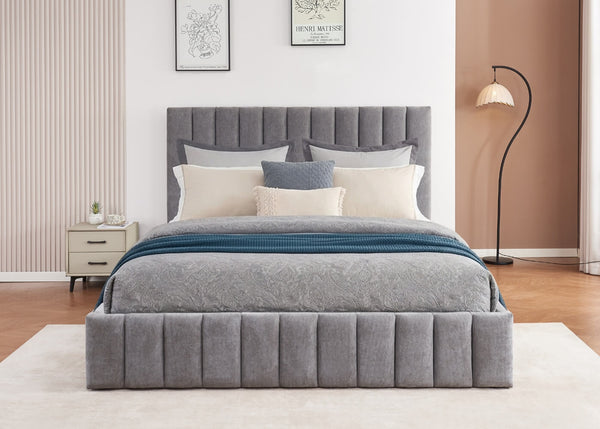 Heavy Duty Grey Ottoman Bed with Vertical Line Headboard and Footboard