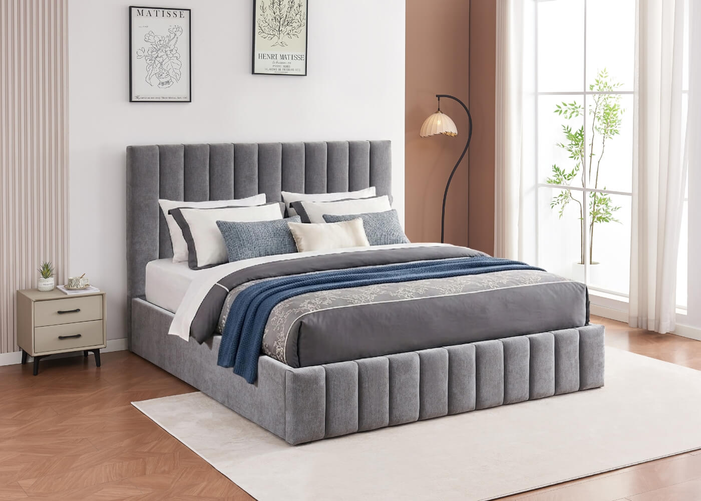 Heavy Duty Grey Ottoman Bed in Chenille Fabric with Bedding