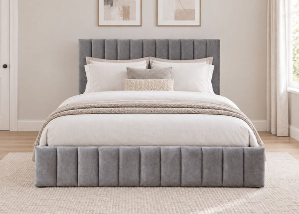 Heavy Duty Grey Ottoman Bed with Vertical Line Headboard and Footboard