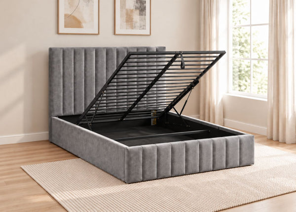 Double Heavy Duty Grey Ottoman Bed with Reinforced Tubular Slats