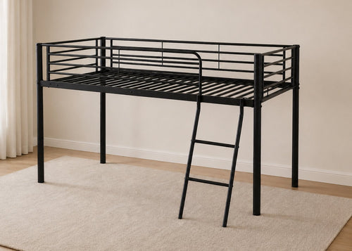 Harpley Mid Sleeper black metal bed frame with a ladder and reinforced tubular slats.