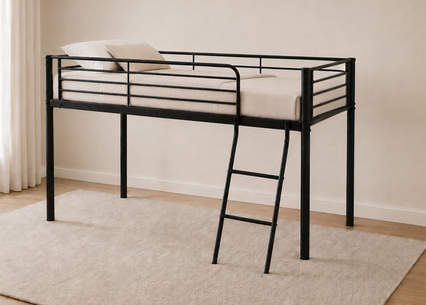 Black metal mid sleeper bed with ladder, and reinforced tubular slats.