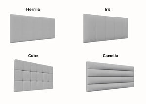 Four light grey fabric headboard styles: Hermia, Iris, Cube, and Camelia.