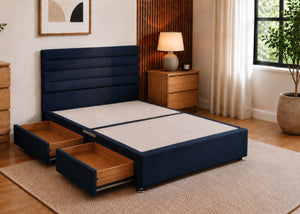 Heavy Duty Divan Base in Navy Finish with Camelia Floor-Standing Headboard and 2 Drawers