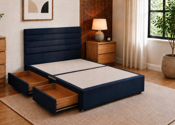 Heavy Duty Divan Base in Navy Finish with Camelia Floor-Standing Headboard and 2 Drawers