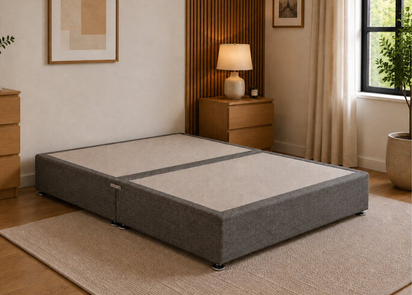 Charcoal linen upholstered heavy-duty divan base with a non-slip top, designed for durability.