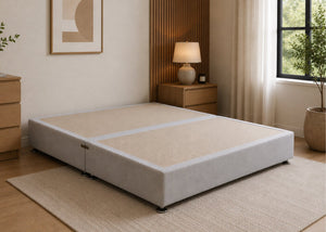 Grey linen upholstered heavy-duty divan base with a non-slip top, designed for durability.
