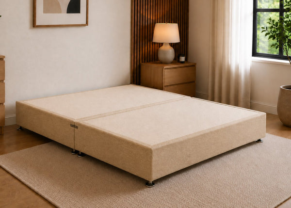 Sand linen upholstered heavy-duty divan base with a non-slip top, designed for durability.
