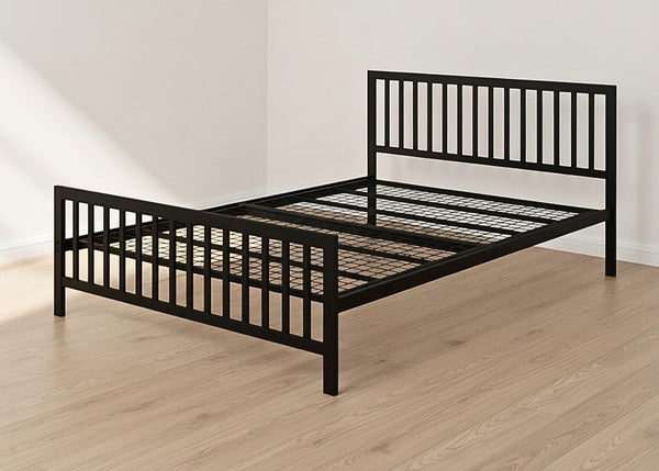 Black Holkham metal bed frame with vertical bar headboard, footboard, and reinforced mesh base.