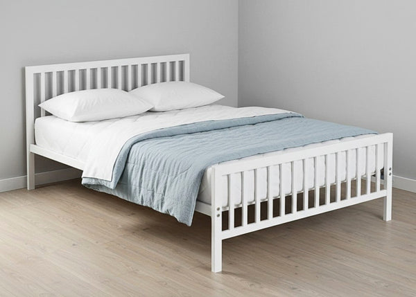 White metal bed frame with vertical bar headboard, reinforced mesh base, and thick steel construction.