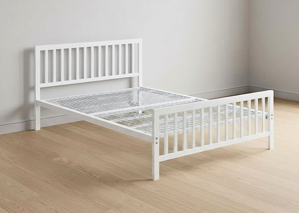 White metal bed frame with vertical bar headboard, footboard, and reinforced mesh base.