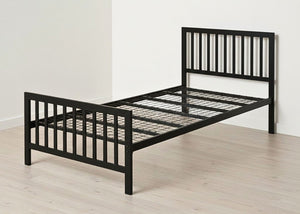 Black Holkham metal bed frame with vertical bar headboard, footboard, and reinforced mesh base.