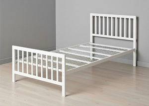 White Holkham metal bed frame with vertical bar headboard, footboard, and reinforced mesh base.