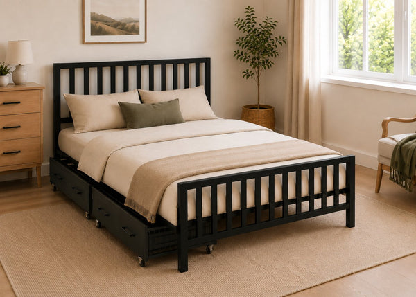 Holkham Black Metal Bed with Extra Strong Reinforced Mesh Base, with 2 Metal Storage Drawers