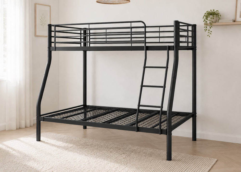 Holt Triple Bunk: Black steel single-over-double bunk bed with reversible ladder and mesh base.
