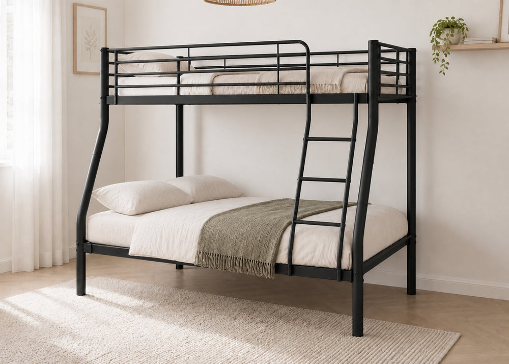 Holt Triple Bunk: Black steel single-over-double bunk bed with reversible ladder and mesh base.