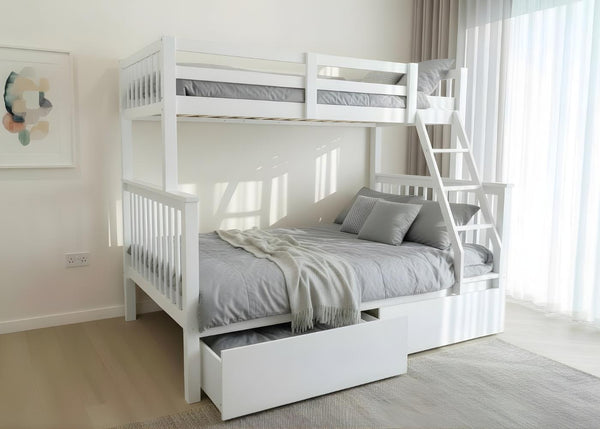 Kelling Triple Bunk Bed in White, with Mattresses and Underbed Storage Drawers