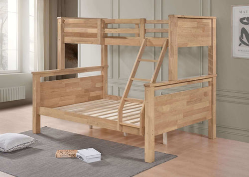 Strong Wooden Triple Bunk Bed with Solid Panel Headboards with Extra Thick 22mm Slats, in Oak Finish