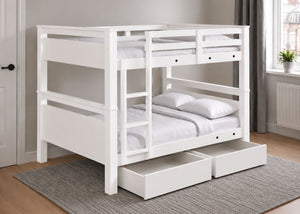 Langham Wooden Quad Bunk in White Finish, with Wooden Storage Drawers (Universal Ladder)